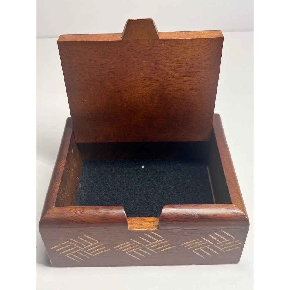 Handmade Mango Wood Trinket Box Etched Geometric Design Black Felt Lining Brown